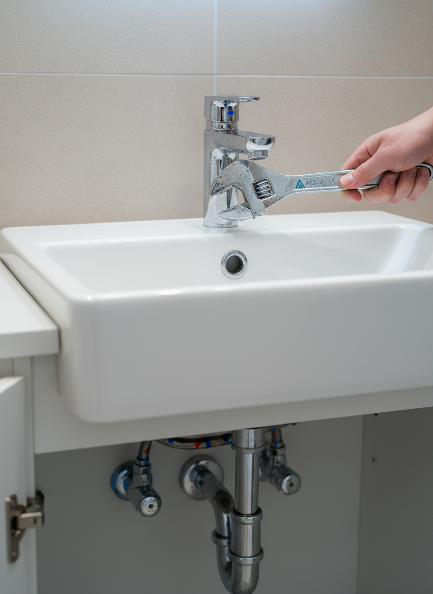A close-up, photographic view of a chrome bathroom faucet being tightened onto a pristine white ceramic sink using a shiny adjustable wrench, with droplets of clear water beading on the metal. Under-sink, new flexible hoses and shut-off valves are visible, perfectly arranged against a tidy cabinet interior. Neutral wall tiles in soft beige provide a calm backdrop. Bright, cool-white overhead lighting highlights the fine details of the fittings, creating crisp reflections and small shadows. Shot from a slightly elevated angle with shallow depth of field, the focus is on the connection points and leak-free joints, conveying meticulous repair and maintenance service by a professional water installation company.
